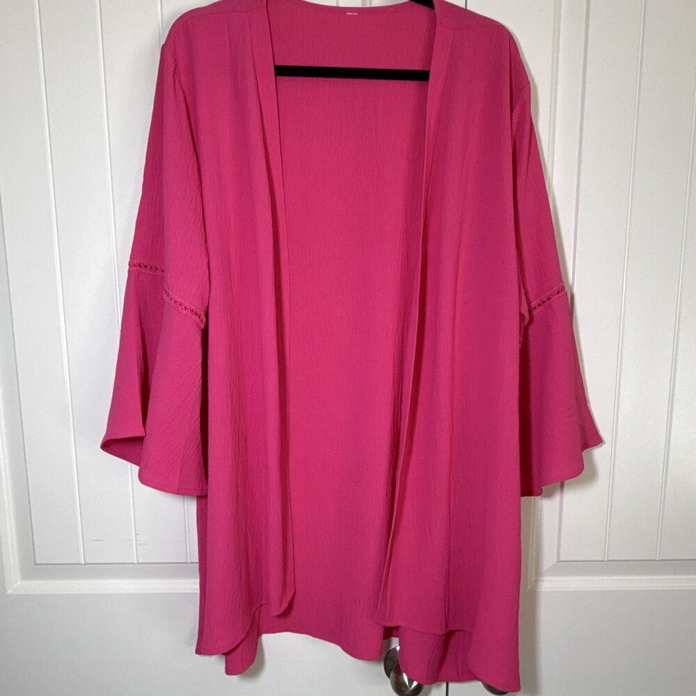 Womens Pink Solid Open Front Chiffon Kimono Crochet Trim Bell 3/4 Sleeve XL